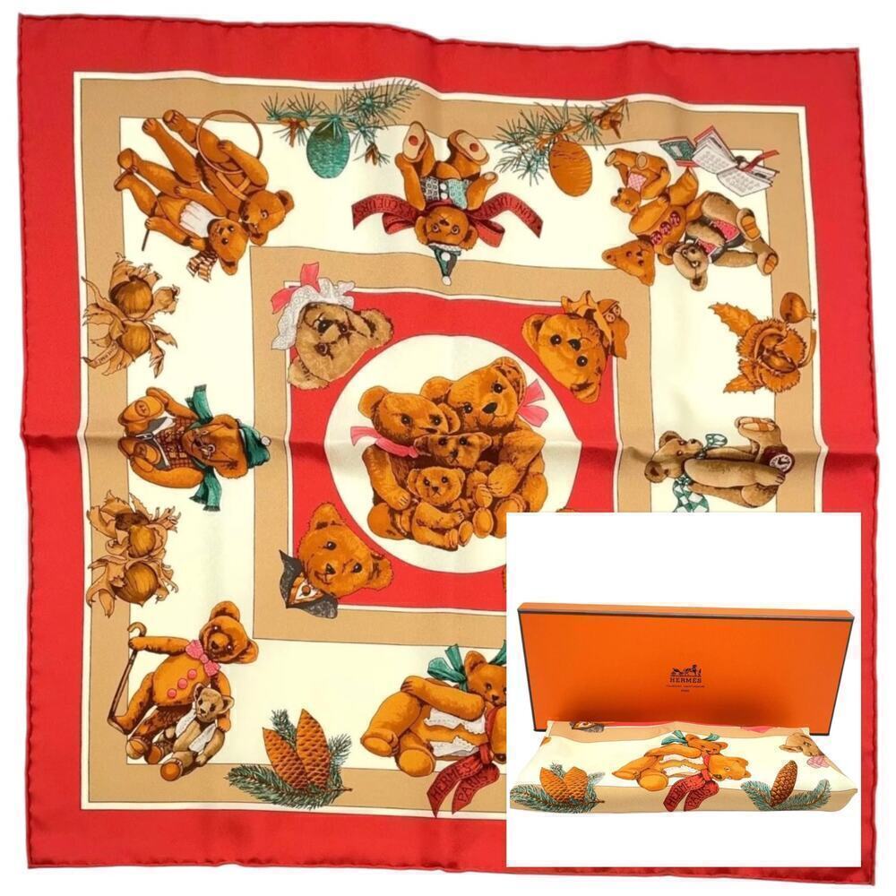 HERMES Vintage Carré 40cm 16” Teddy Bear Red Multicolor Silk Scarf W/Box NWT